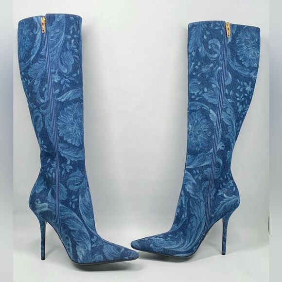 Versace T.110 110MM Floral Denim Pointed Boots size 38 - Picture 9 of 16